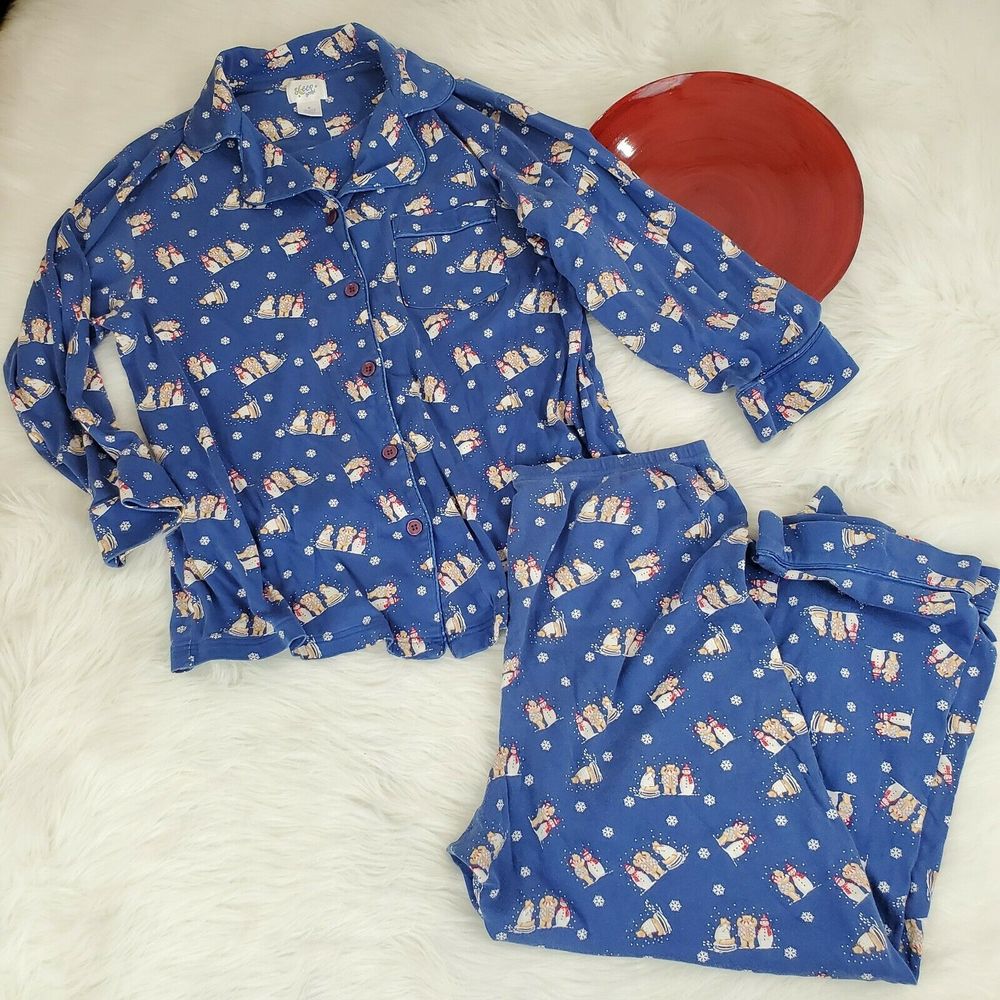 Sleep Sense 2 PC Pajama Set Size M Blue Christmas Theme Snowman Button Up